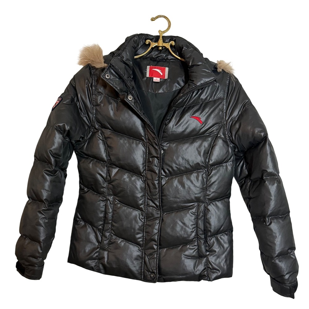 Anta Womens‎ Puffer Jacket Black Full Zip Hooded Down Fill Size M (Runs Small)